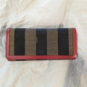 Authentic FENDI Pequin Continental Wallet Khaki Black Red Canvas Leather